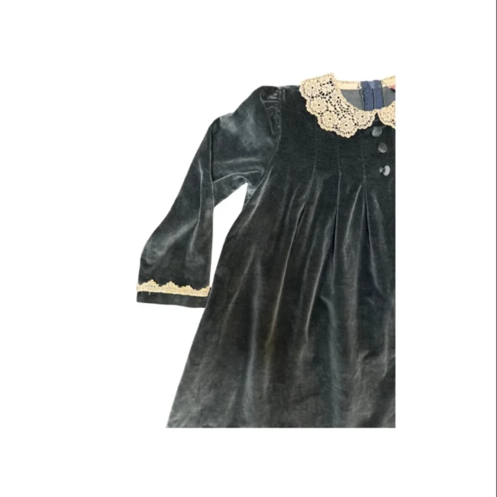 Vintage Beatique Girls Velvet Dress Size 5 –Blue Holiday Dress with Lace Collar - Picture 5 of 9